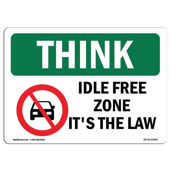 Signmission OSHA THINK Sign, Idle Free Zone It's The Law, 18in X 12in Rigid Plastic, 12" W, 18" L, Landscape OS-TS-P-1218-L-11836